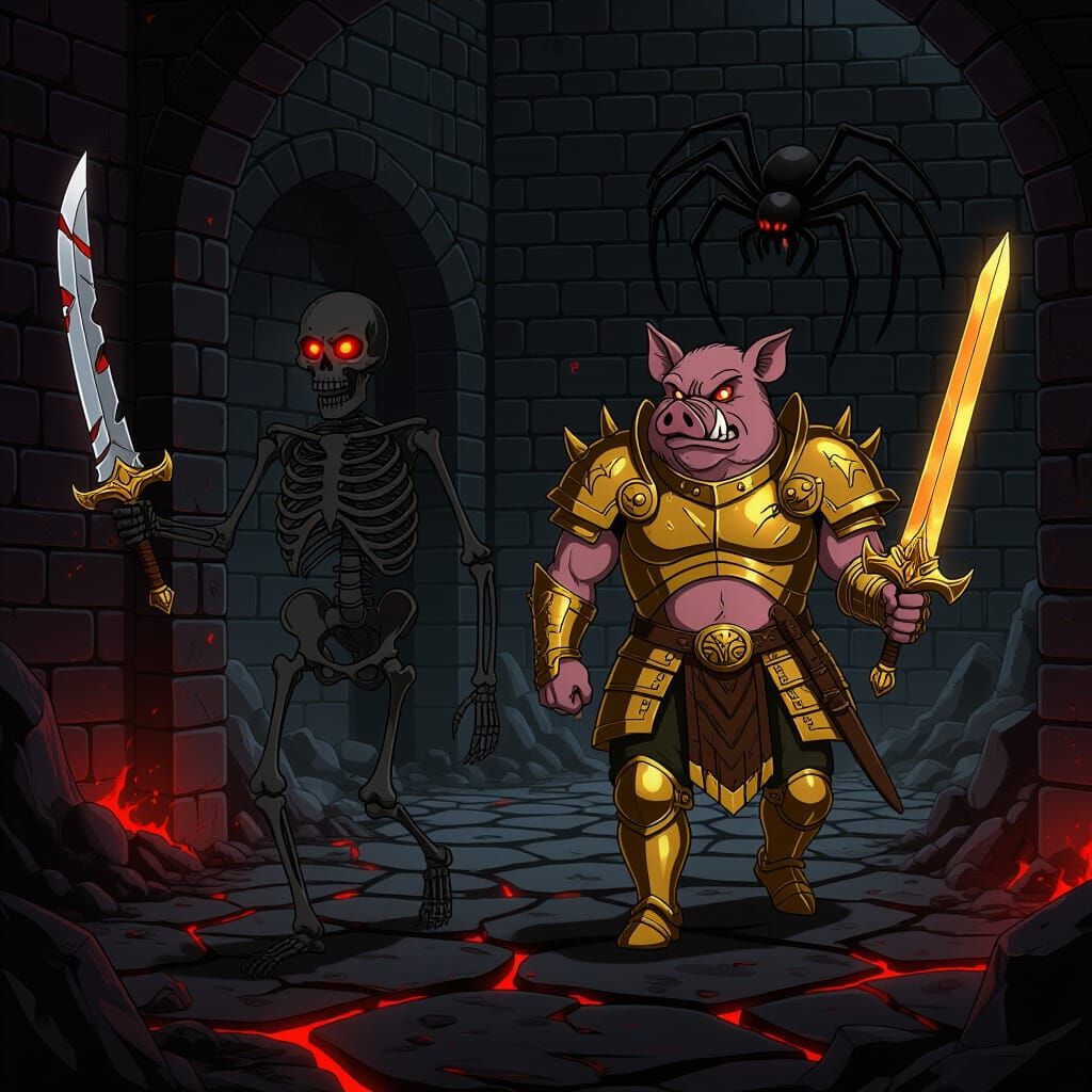 Nether Fortress Battle: Skeleton vs. Hog Warrior in 80s Anim...