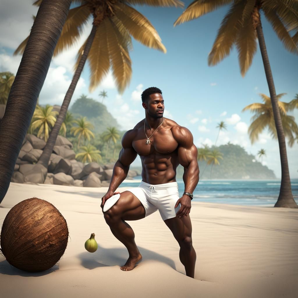 Handsome Man on Beach with Coconut, Detailed Matte Painting