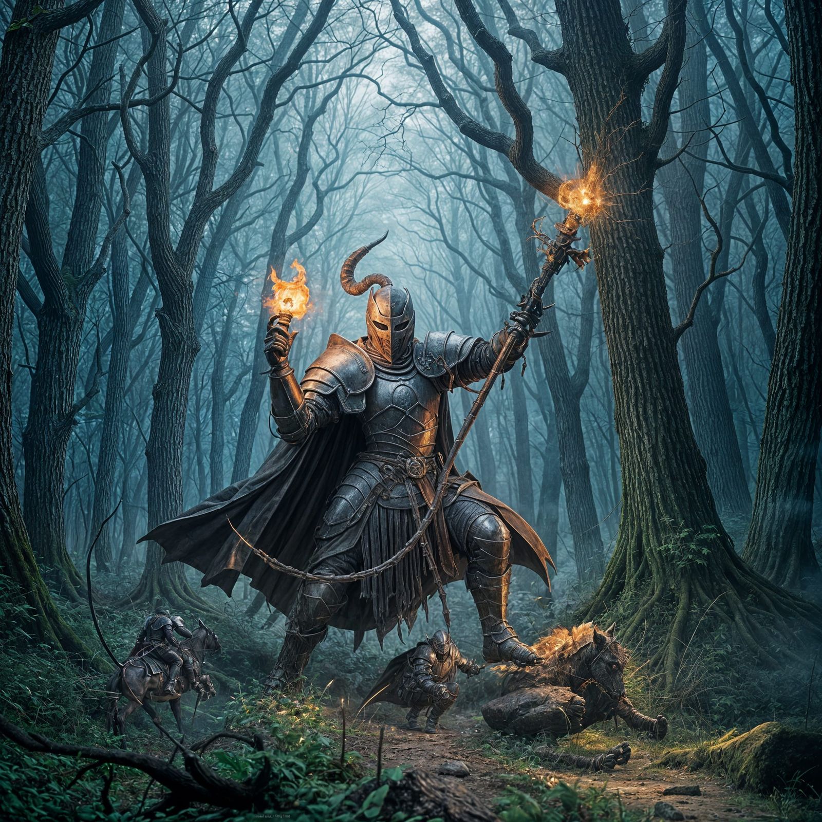 Eldritch Knight Surrounded by Arcane Forest Flames