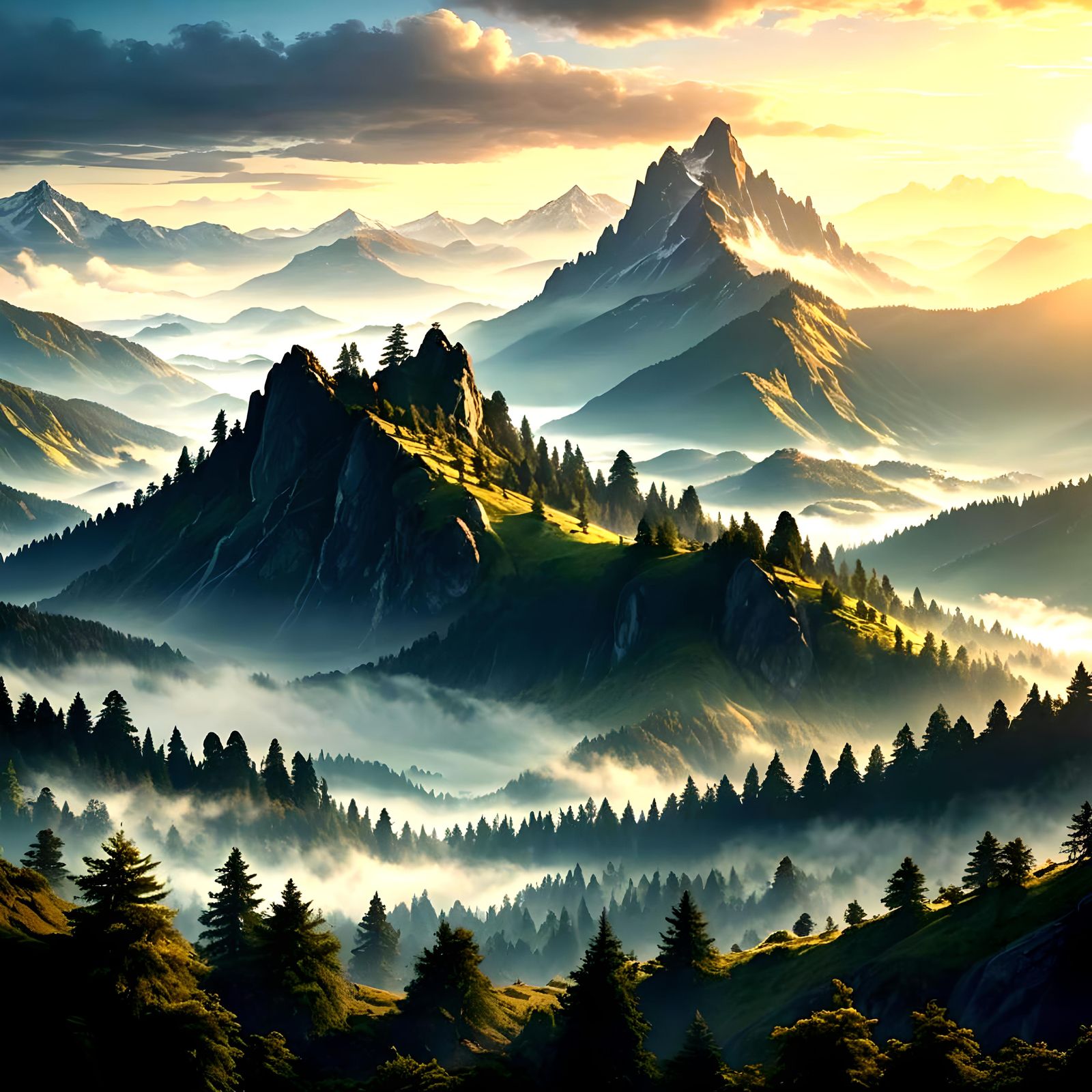 Sunrise Over Misty Mountains: Digital Matte Painting