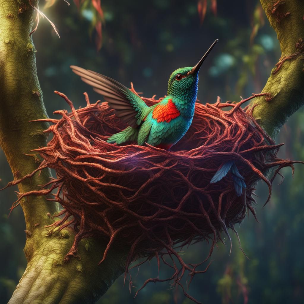 Red-Throated Hummingbird Nest in Shimmering Colors