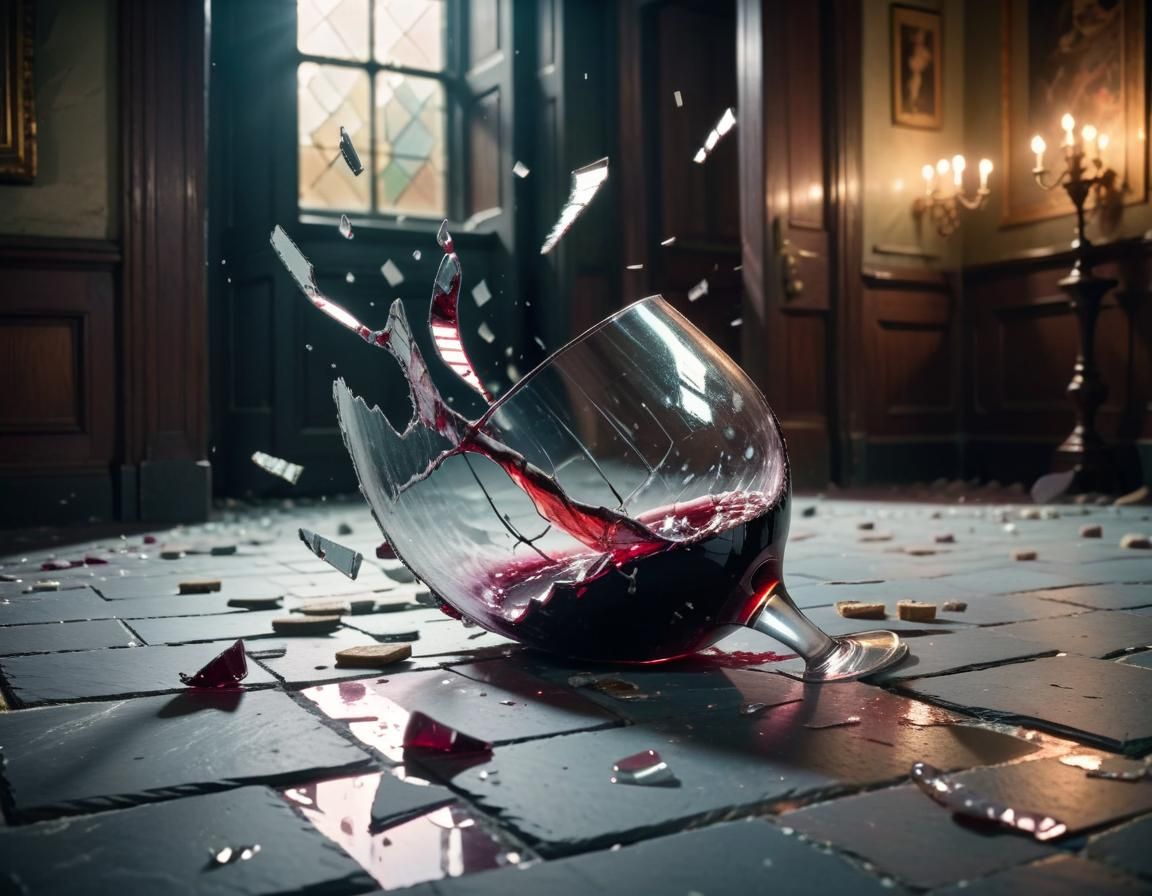 Dramatic Shattered Wine Glass in Victorian Hall