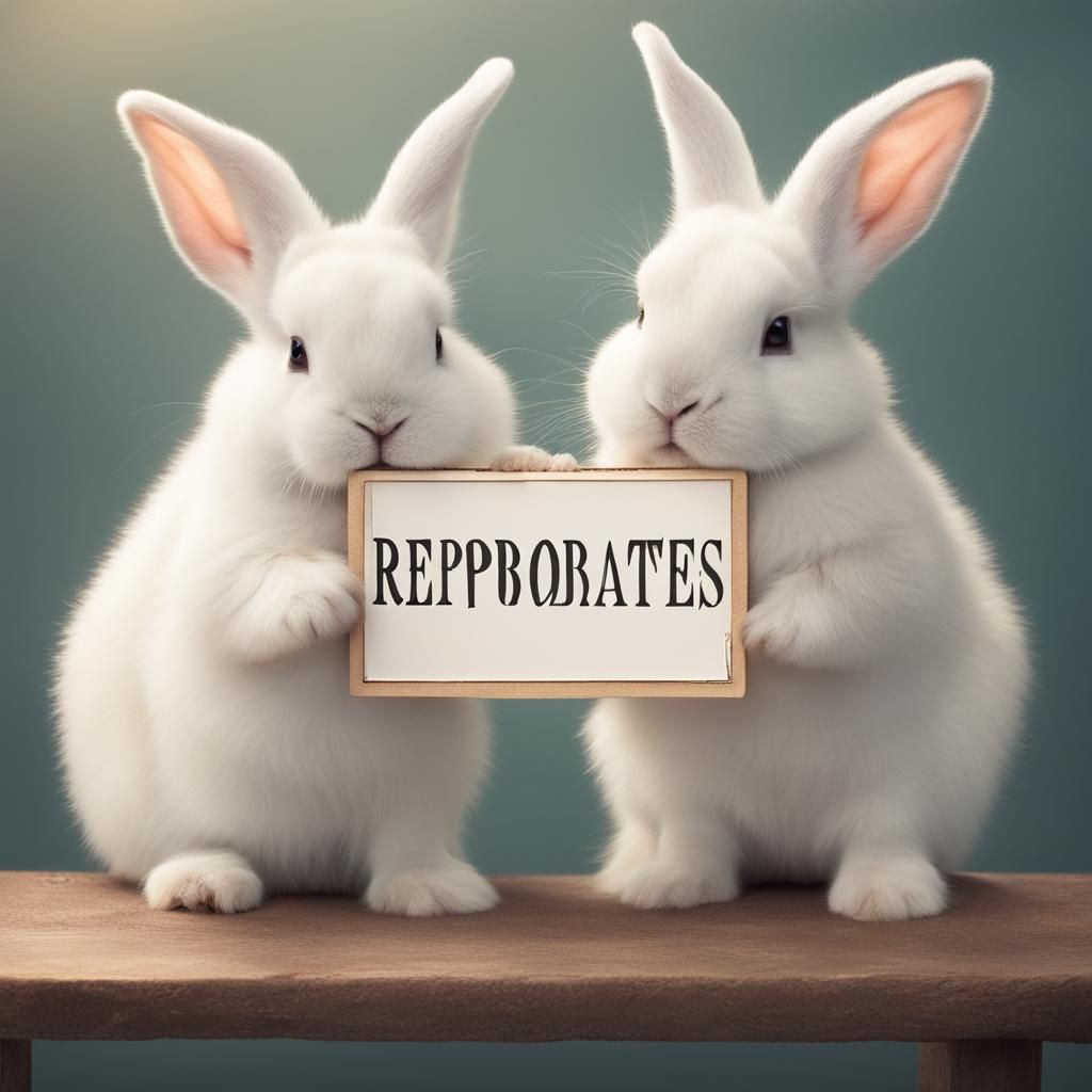 Dyslexic adorable fluffy white bunny cubs holding a sign "Reprobates"