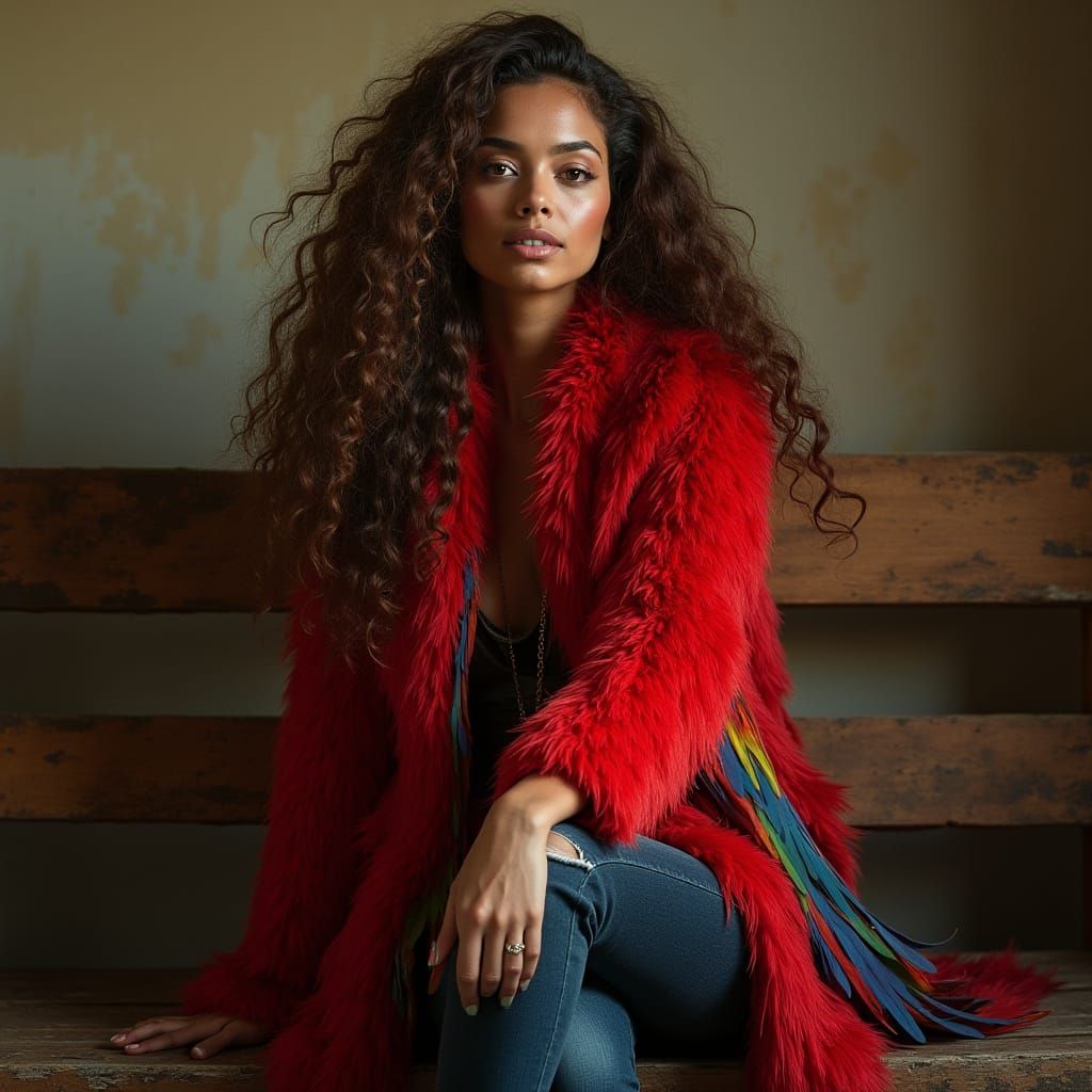 Woman in Scarlet Macaw-Inspired Fur Coat, Amidst Warm Lighti...