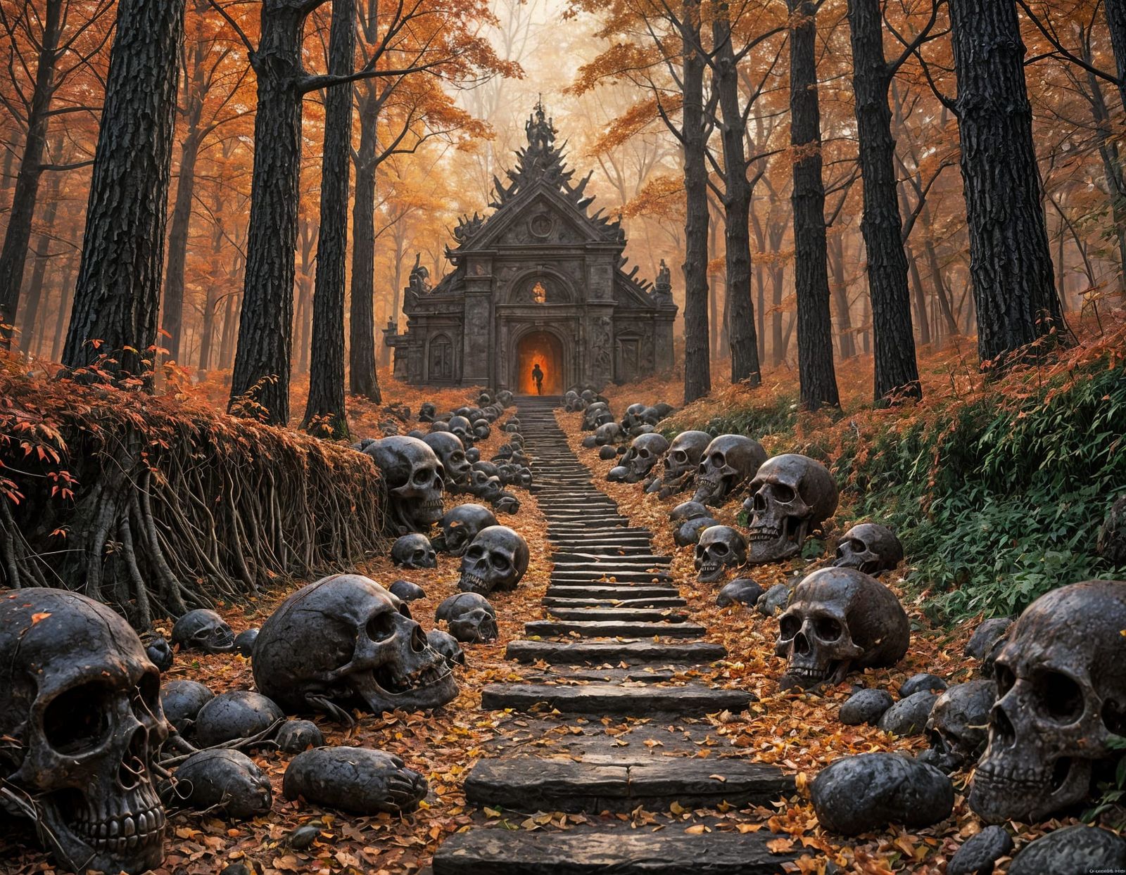 Forest Path with Skulls: A Horror Concept Art