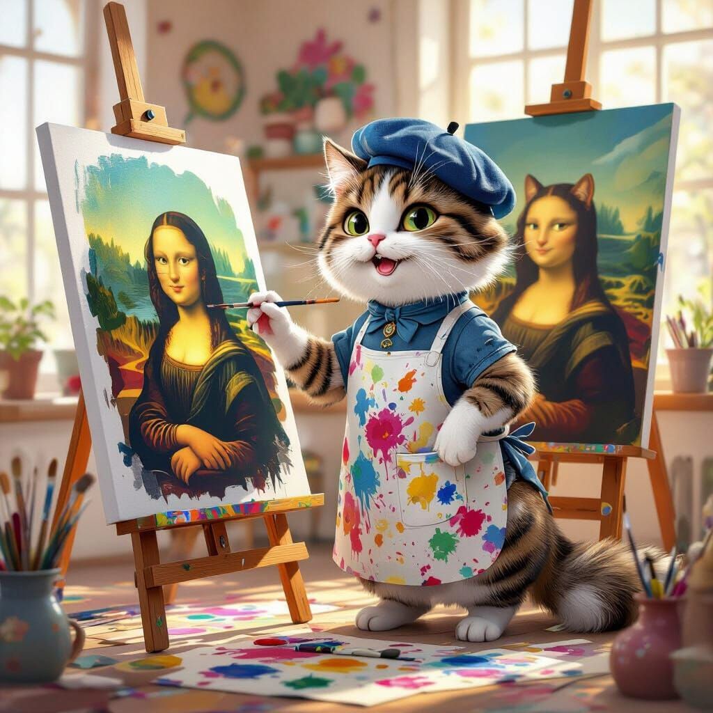 Artistic Cat Paints Feline Mona Lisa in Sunlit Studio