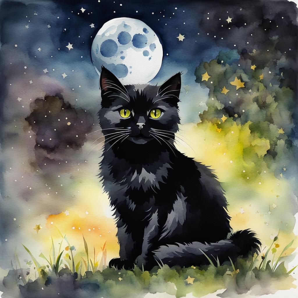 Adorable Black Cat in Moonlight Watercolor