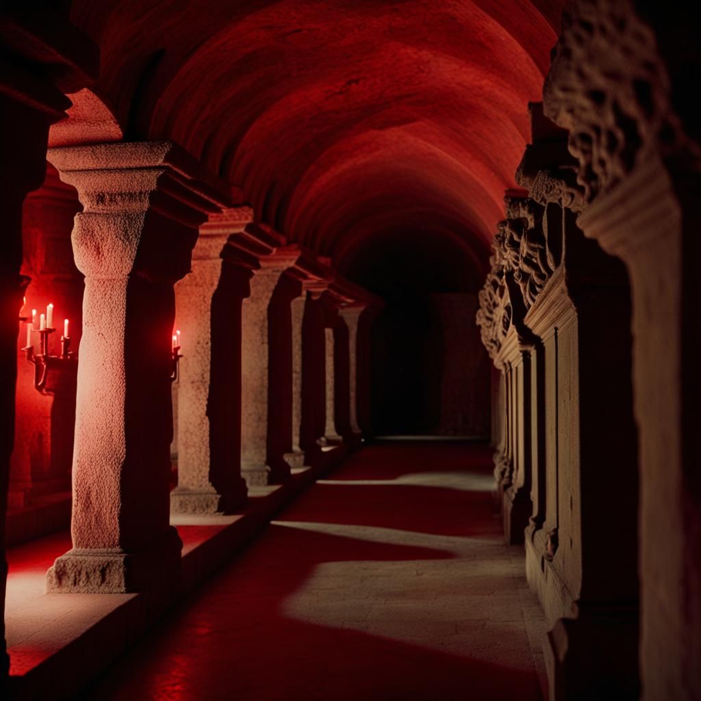 Eerie Underground Crypt with Glowing Red-Eyed Statues