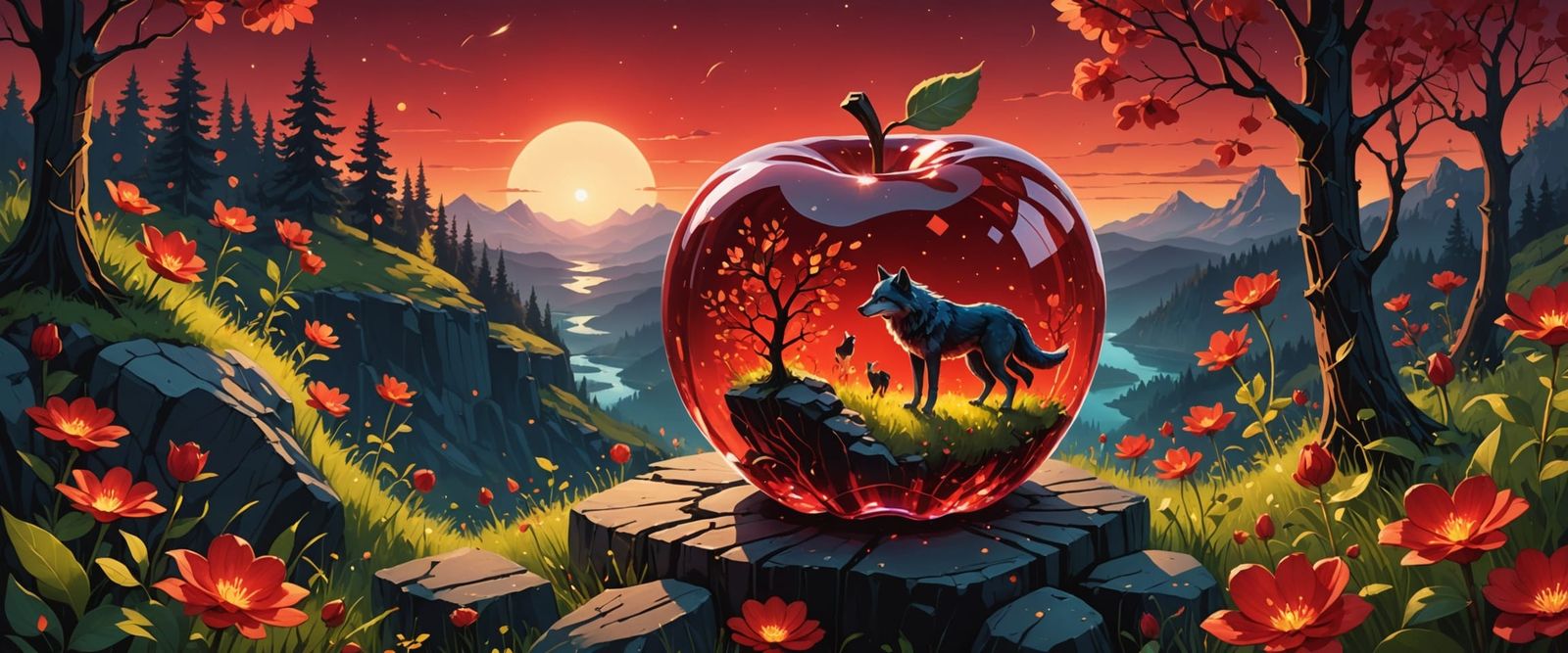 Isometric Glass Apple with Fireflies and Wolf