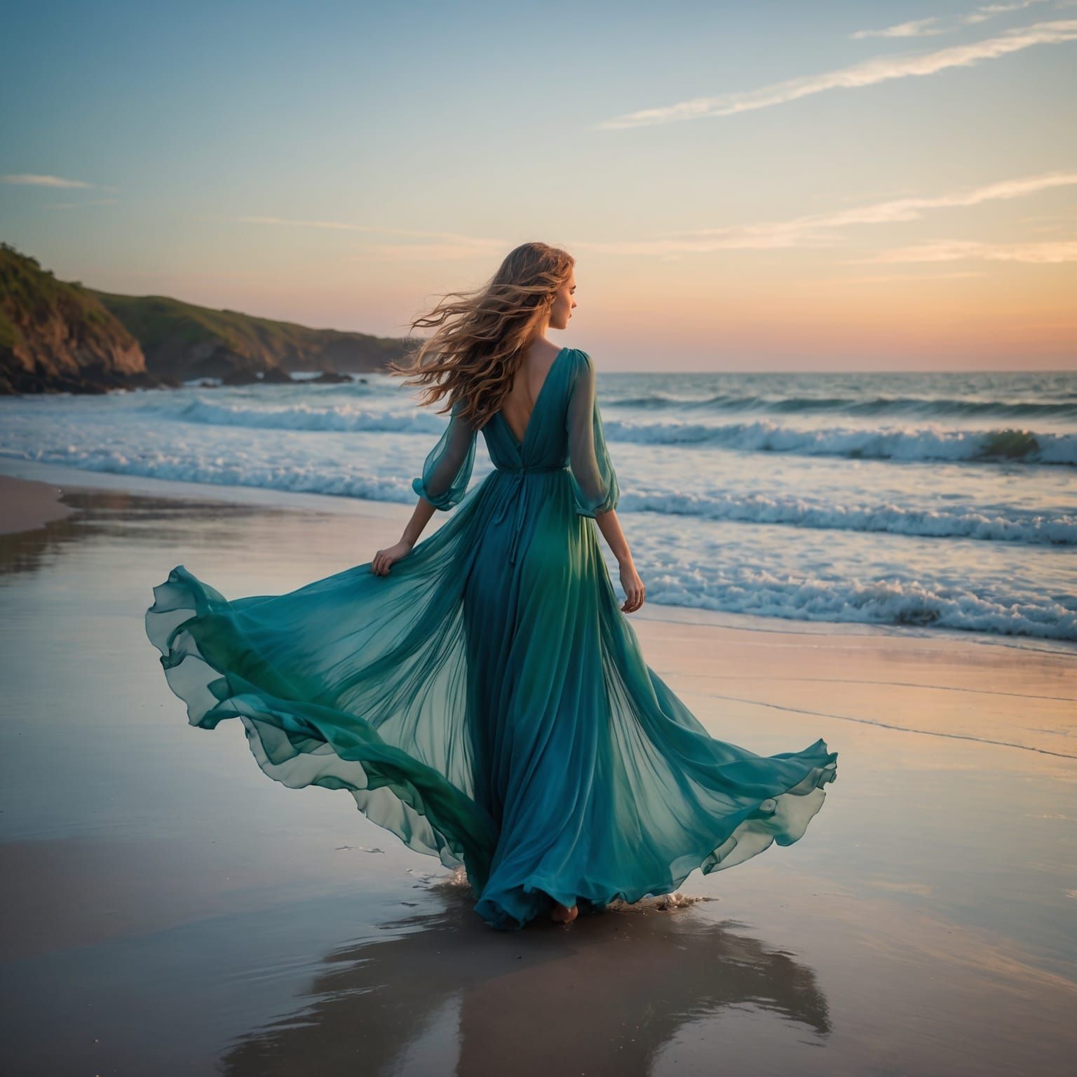 Ethereal Girl Blending into Coastal Sunset Landscape