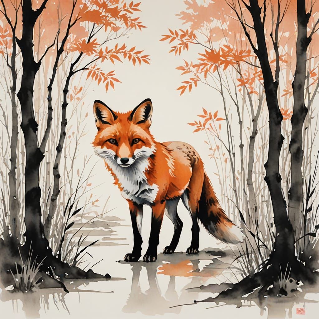 A Minimalist Chinese Ink Painting of a Fox in Sunset Willows
