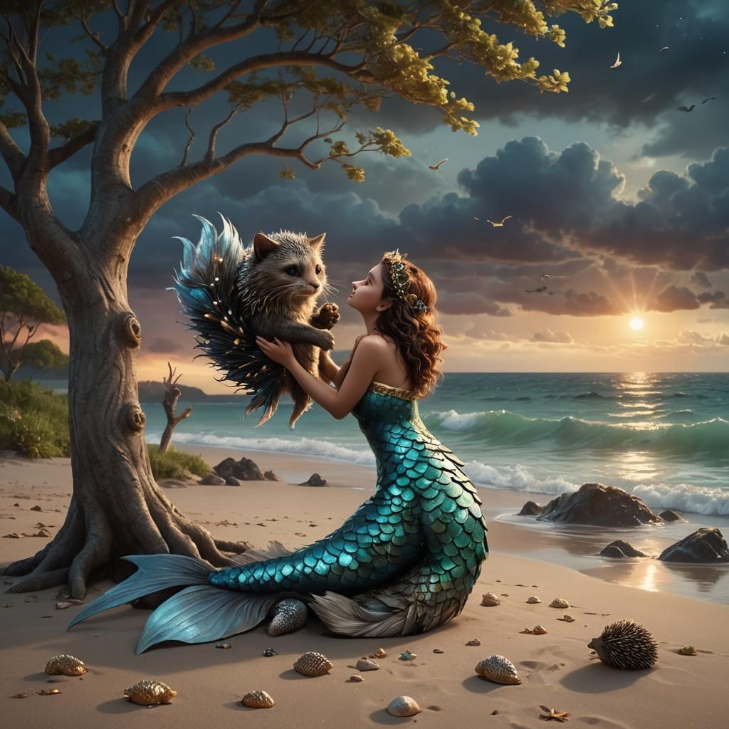 Whimsical Cat-Mermaid Creature with Hedgehog, Digital Painti...