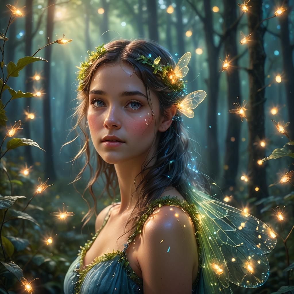 Glowing Firefly Lights Misty Forest, Soft Brushstrokes
