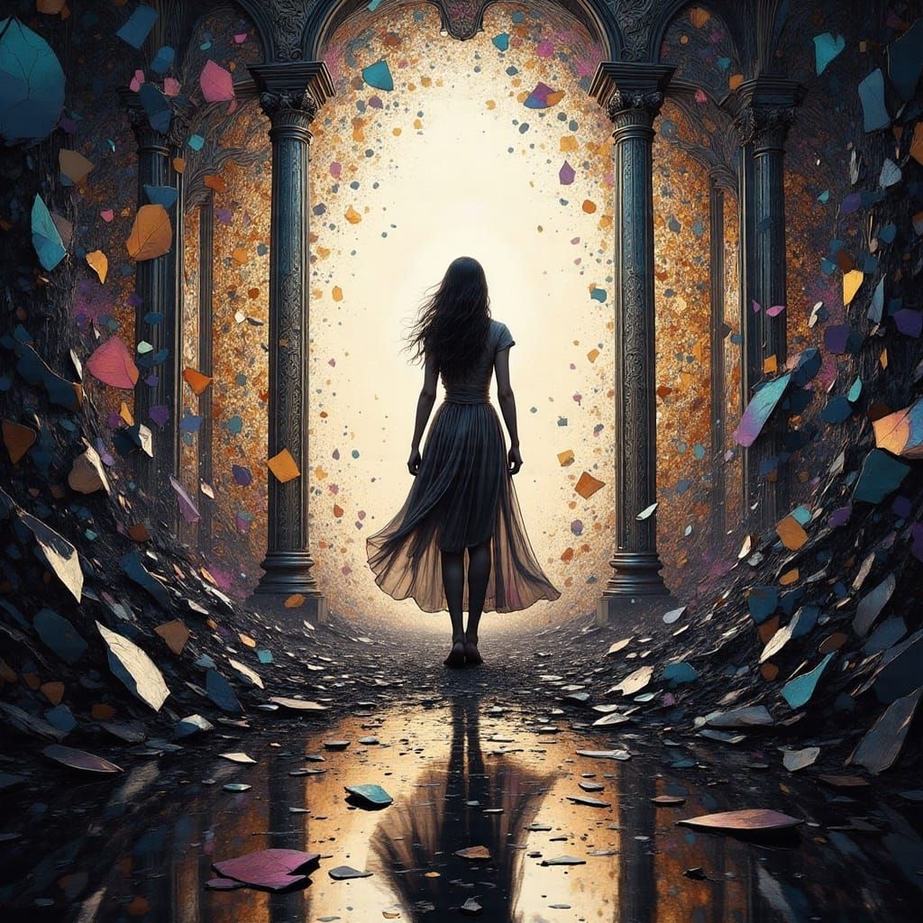 Shattered Mirror Reveals Ethereal Figure Emerging