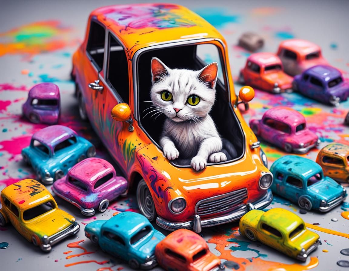 Colorful Graffiti Art of Cat in Tiny Car