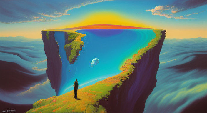 Surreal Dreamworld with Cliffside Figure in Vibrant Oil Pain...