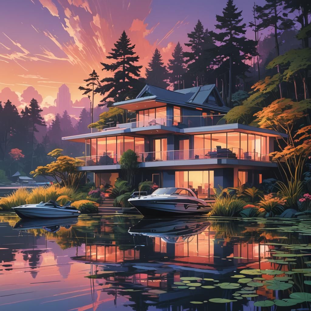 Modern Lake House with Boats: Digital Matte Painting