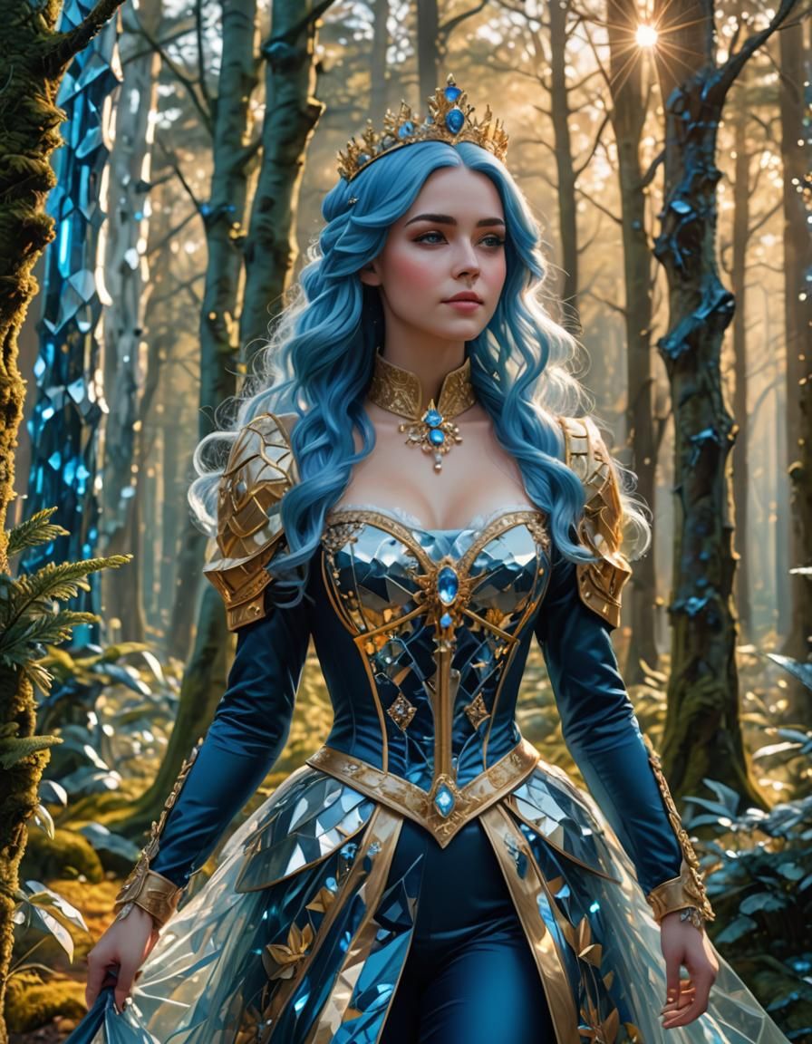 Blue Hair Princess in Crystal Forest, Photorealistic