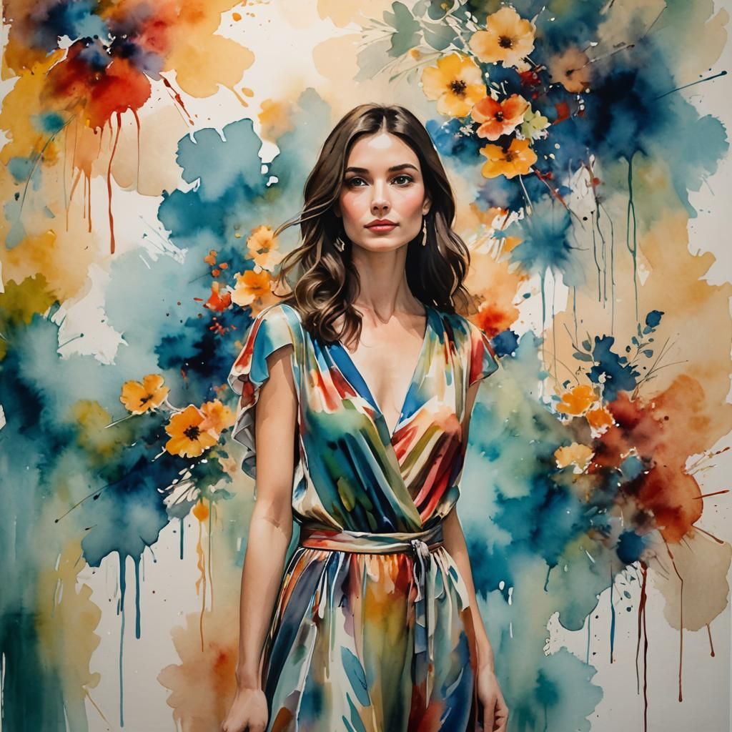 Woman in Silk Dress at Watercolor Gallery