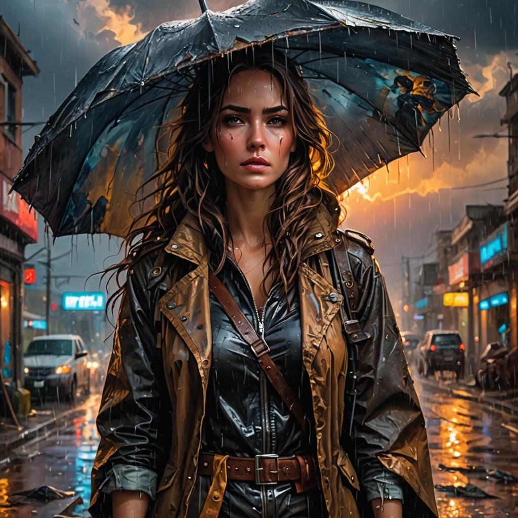 Woman in Torrential Rain, Post-Apocalyptic Acrylic Painting