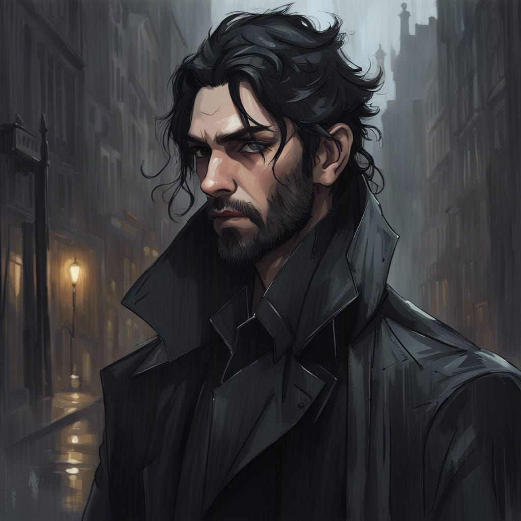 Eerie Gothic Man in Rainy Town Portrait
