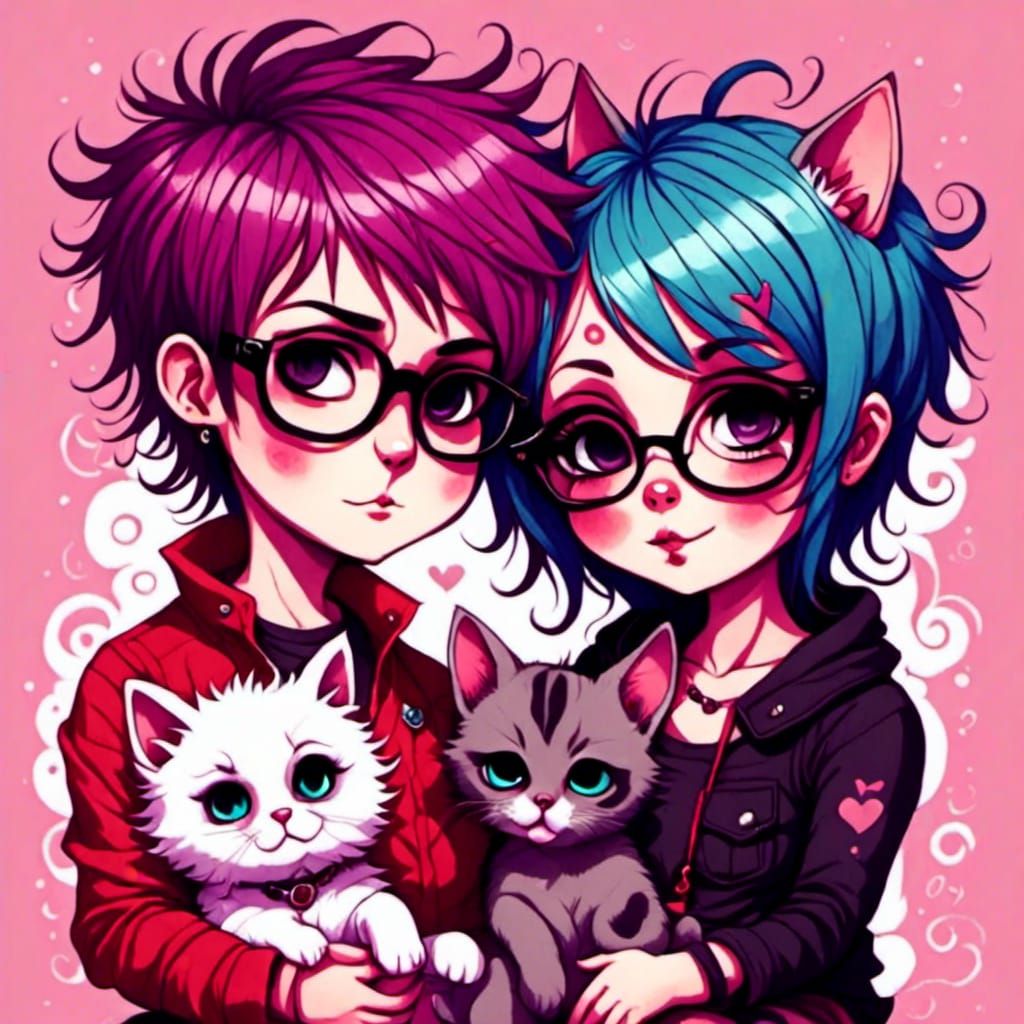 Chibi Emo Boy and Girl with Cat
