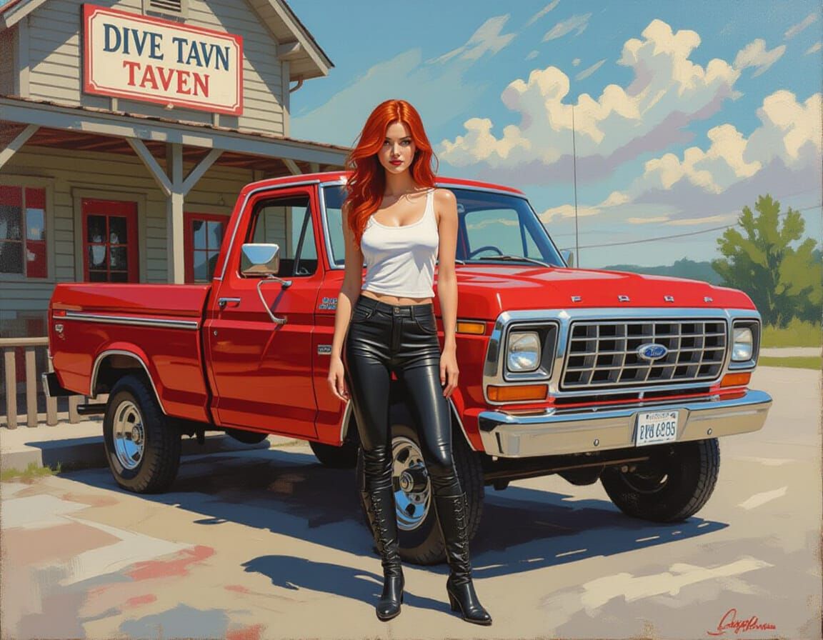 Woman with Vintage Truck in Impressionistic Style