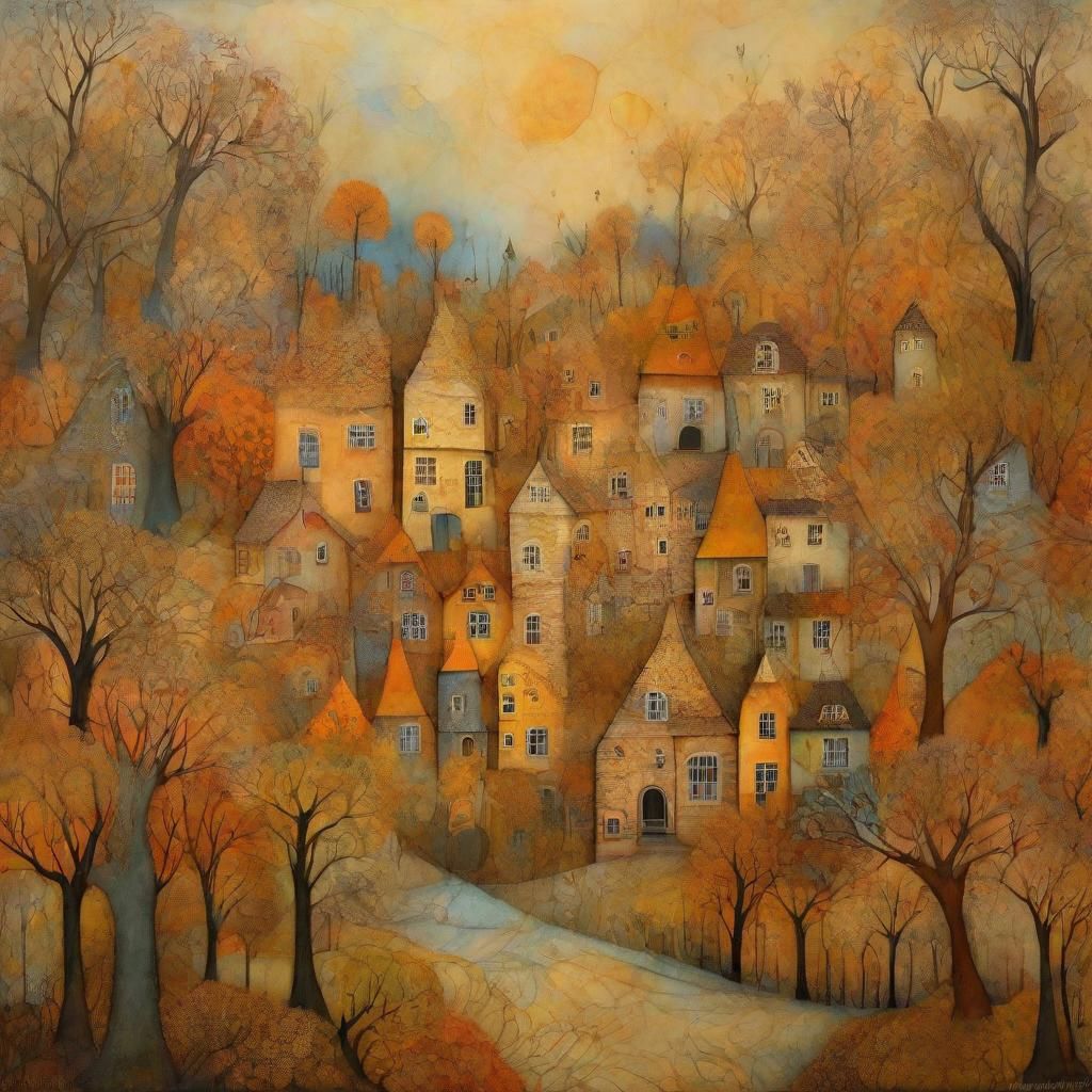 Whimsical Fractal Town in Autumnal Collage