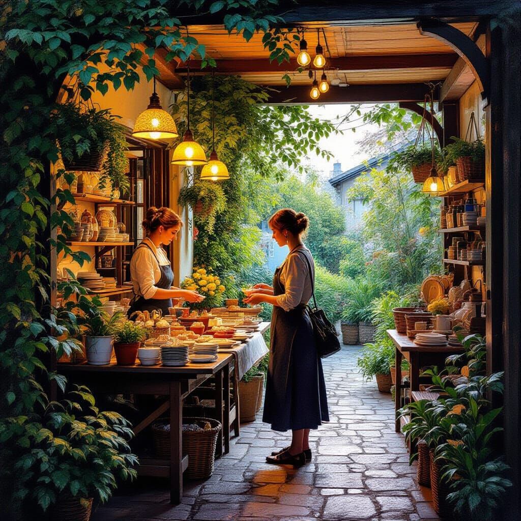 Serene Stall Under String Lights at Dusk