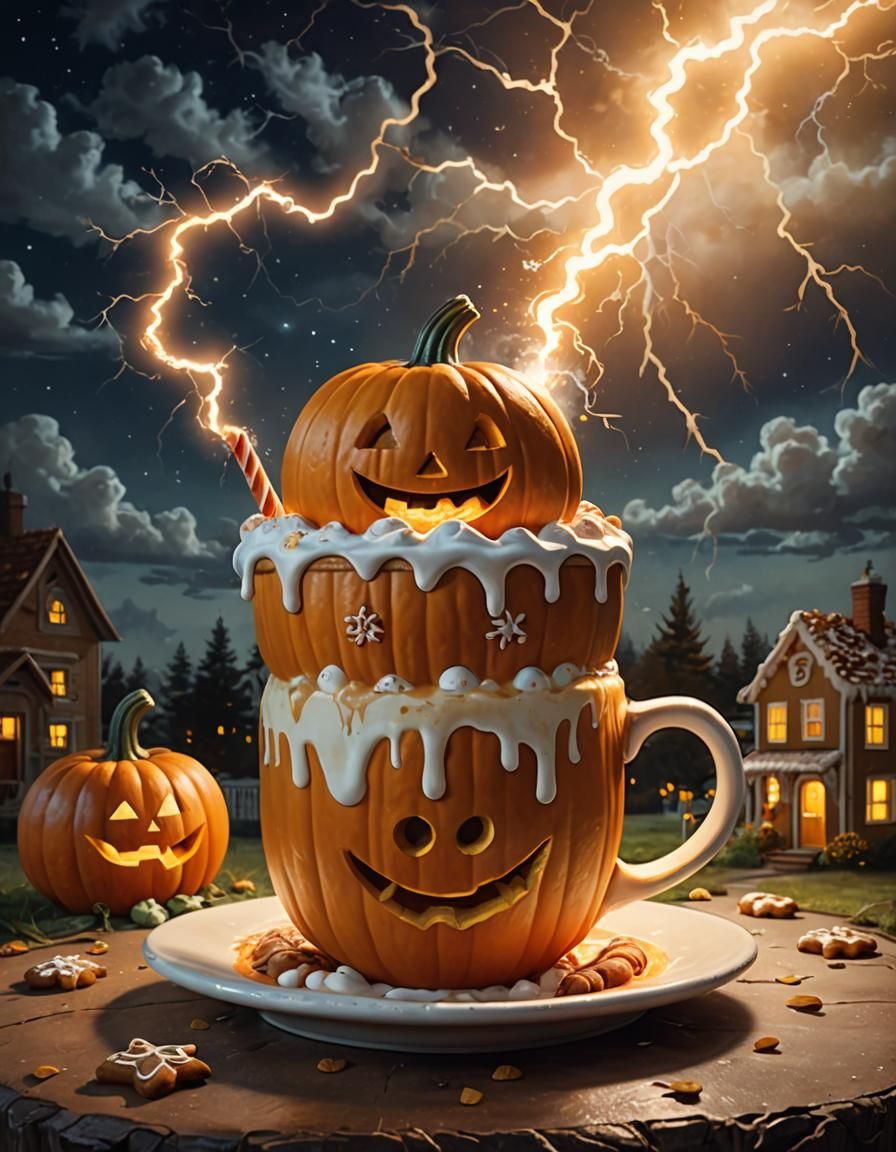 Pumpkin Spice Latte Under Lightning, 3D Render