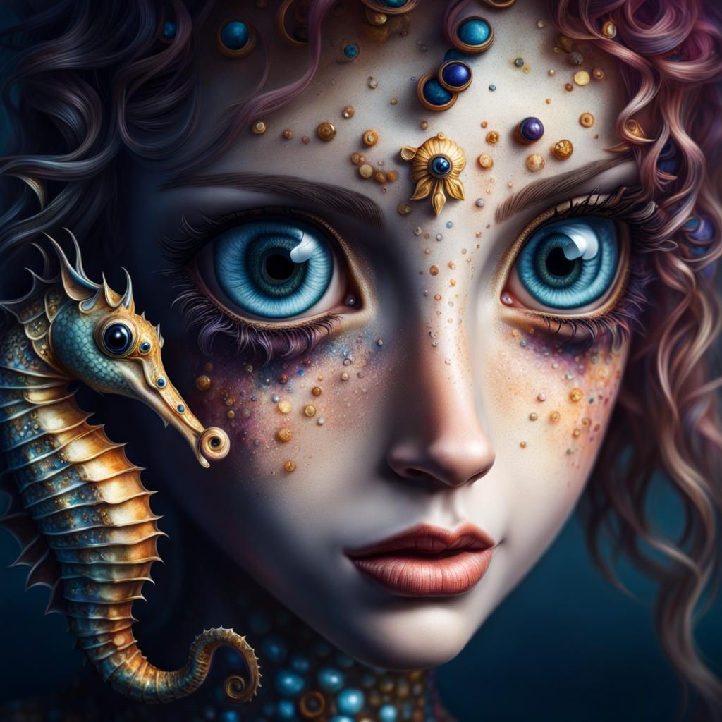 Seahorse Girl Portrait in Gothic Baroque Style