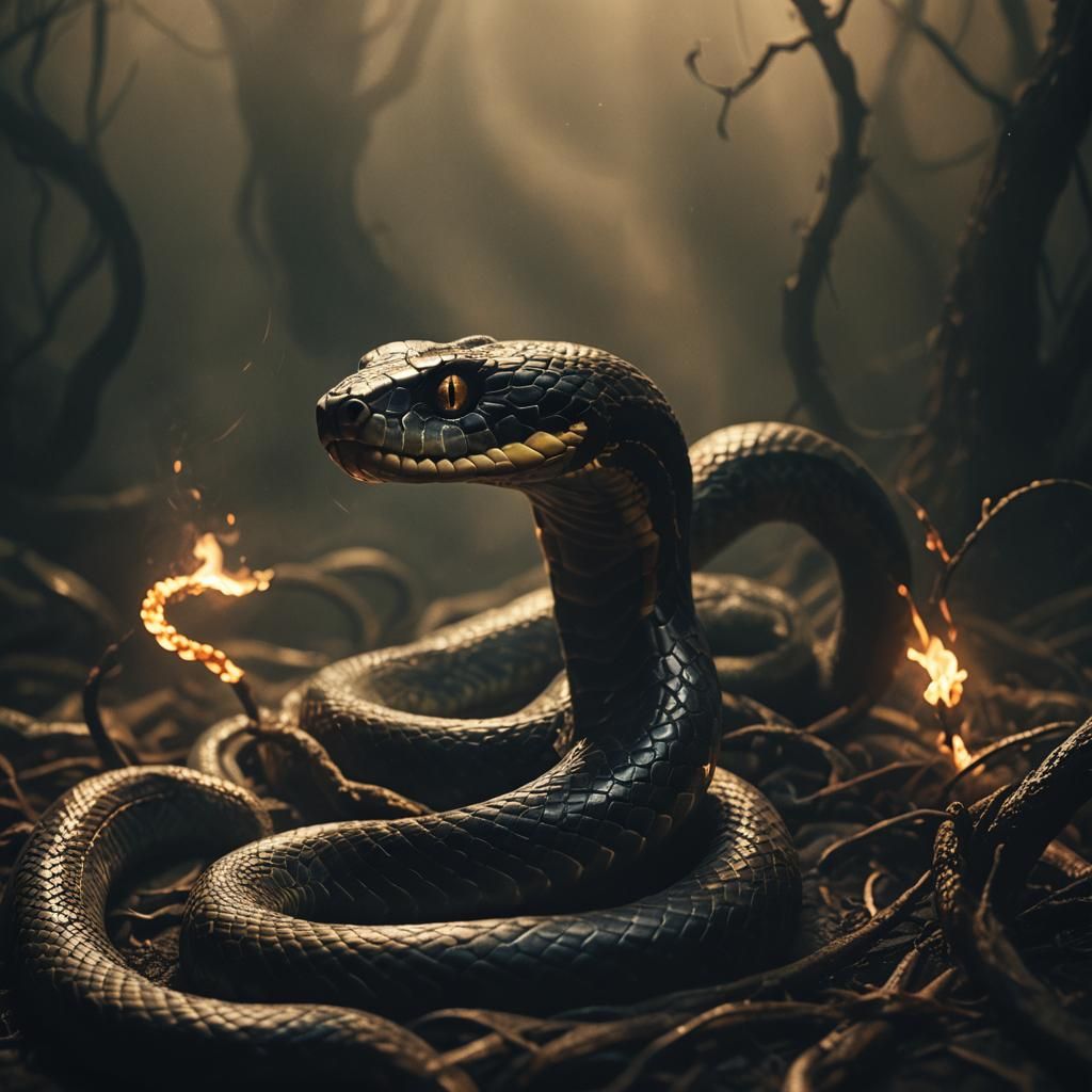 Demon Serpent Emerges from Shadow: Dark Fantasy Film Still