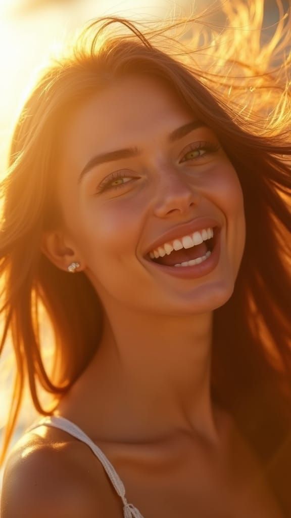 Radiant Woman with Exaggerated Joy in Sunlight