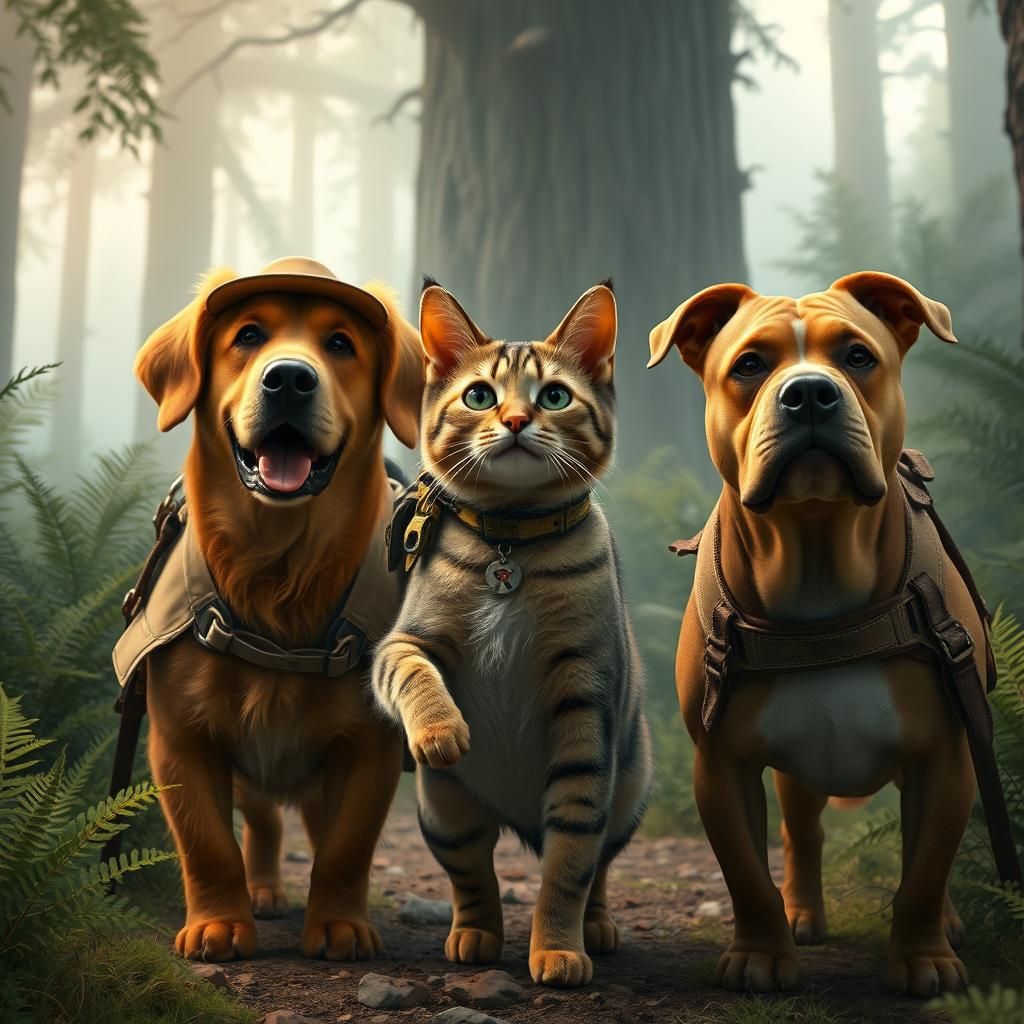 Adventuring Pets in Misty Forest Landscape