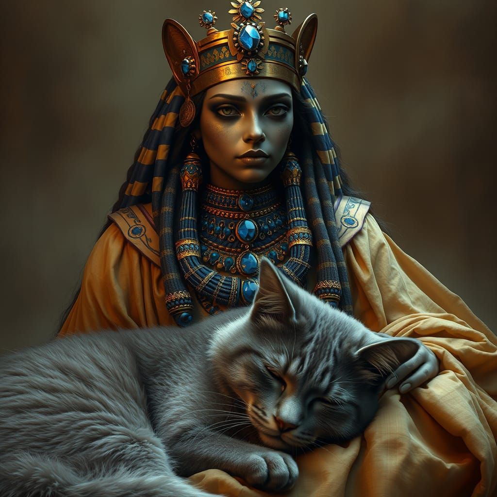 Regal Goddess Bast Surveys Slumbering Feline in Mystical Lan...