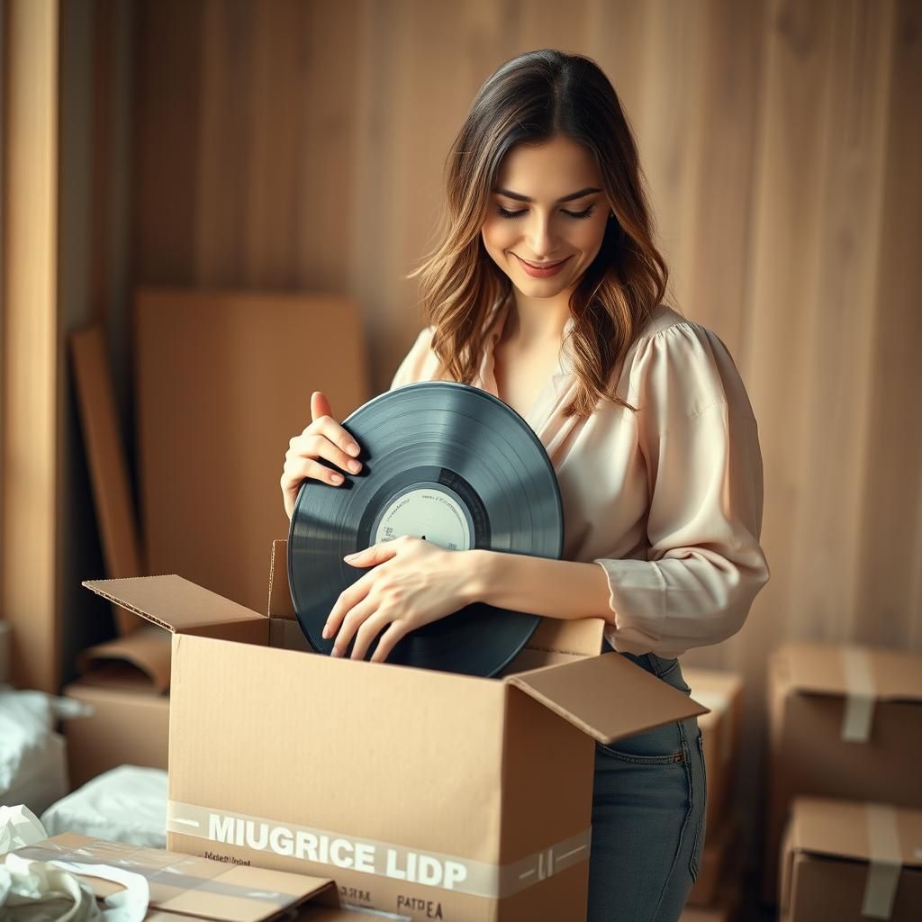 Woman Carefully Packing Vinyl Record with Gentle Smile