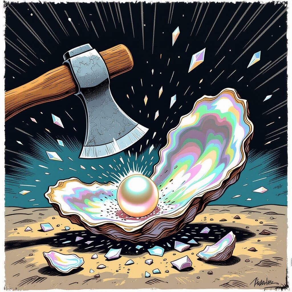 Oyster Shattered by Axe in Dramatic Storybook Style
