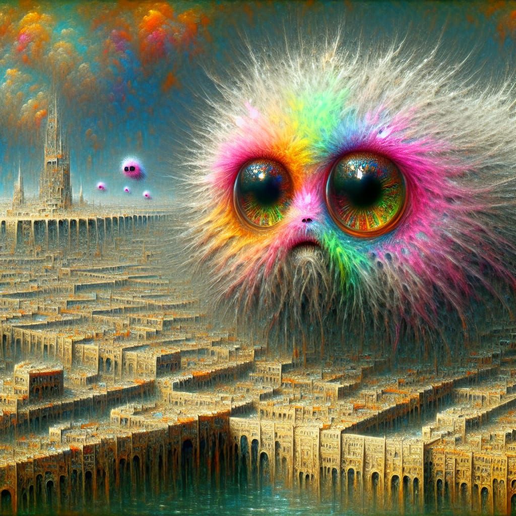Furious Furry Creature Over Medieval Biopunk City