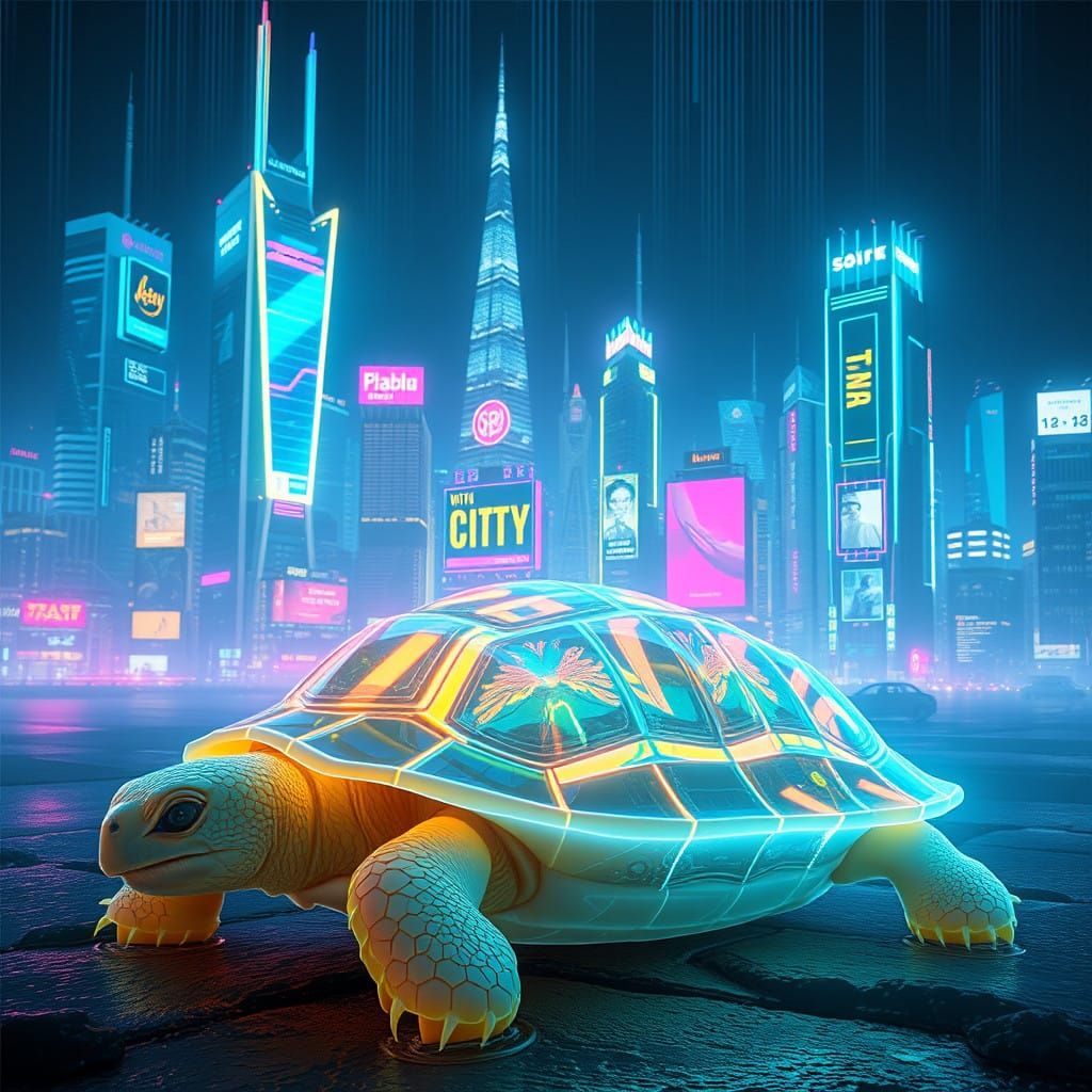 Vibrant Holographic Cityscapes on a Glowing Tortoise Shell