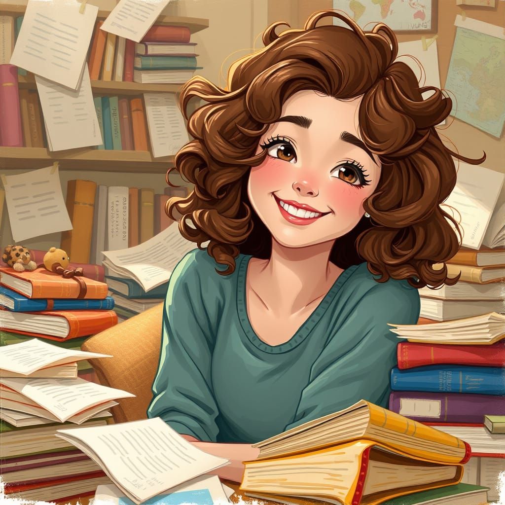 Young Woman Surrounded by Books in Whimsical Style