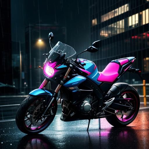 Motorbike Reflection in Rainy City at Night