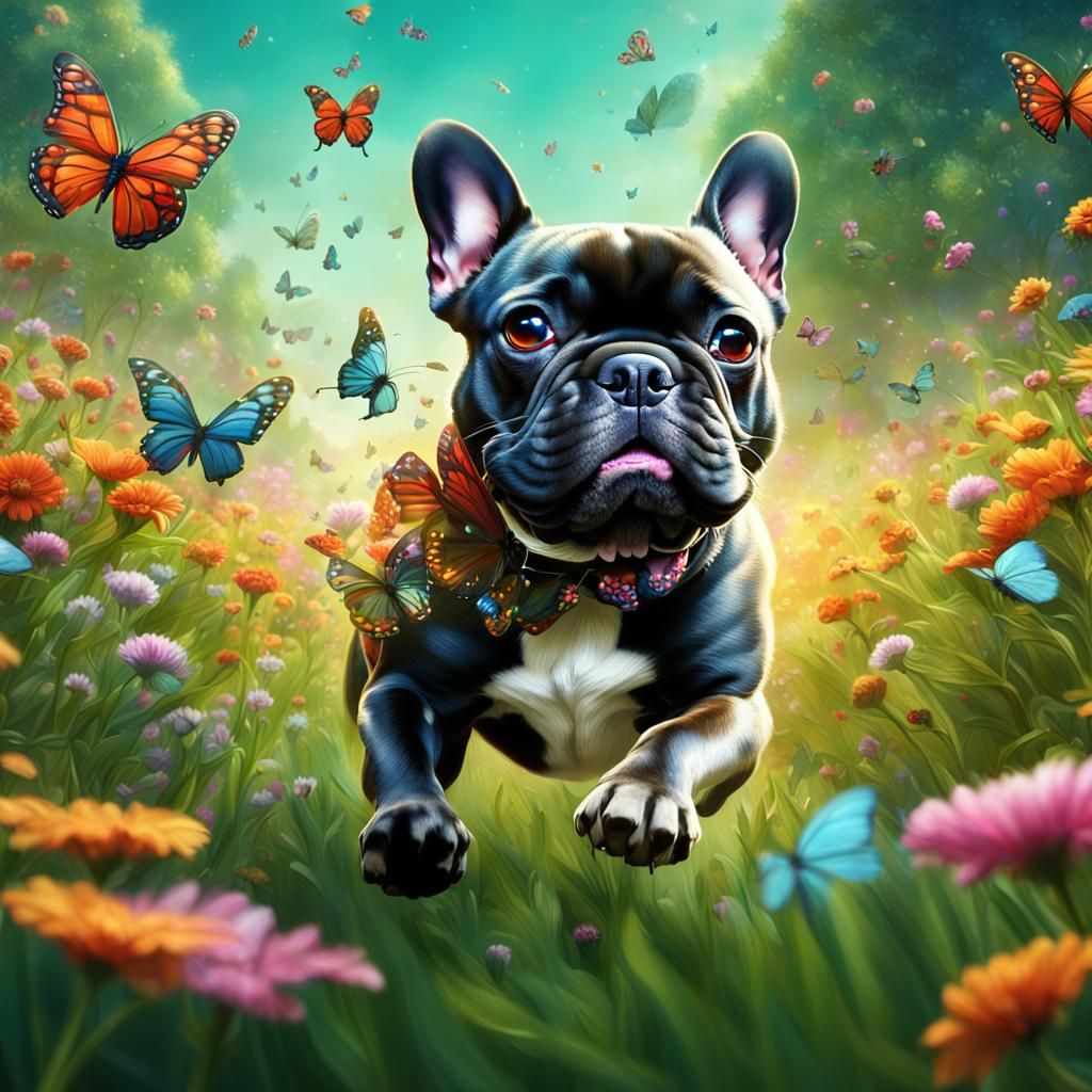 French Bulldog Puppy's Butterfly Chase: Digital Art