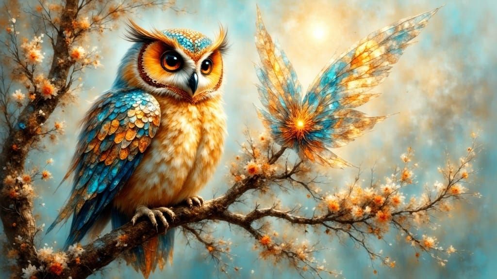 Stained Glass Owl Perched on Branch in Mixed Media