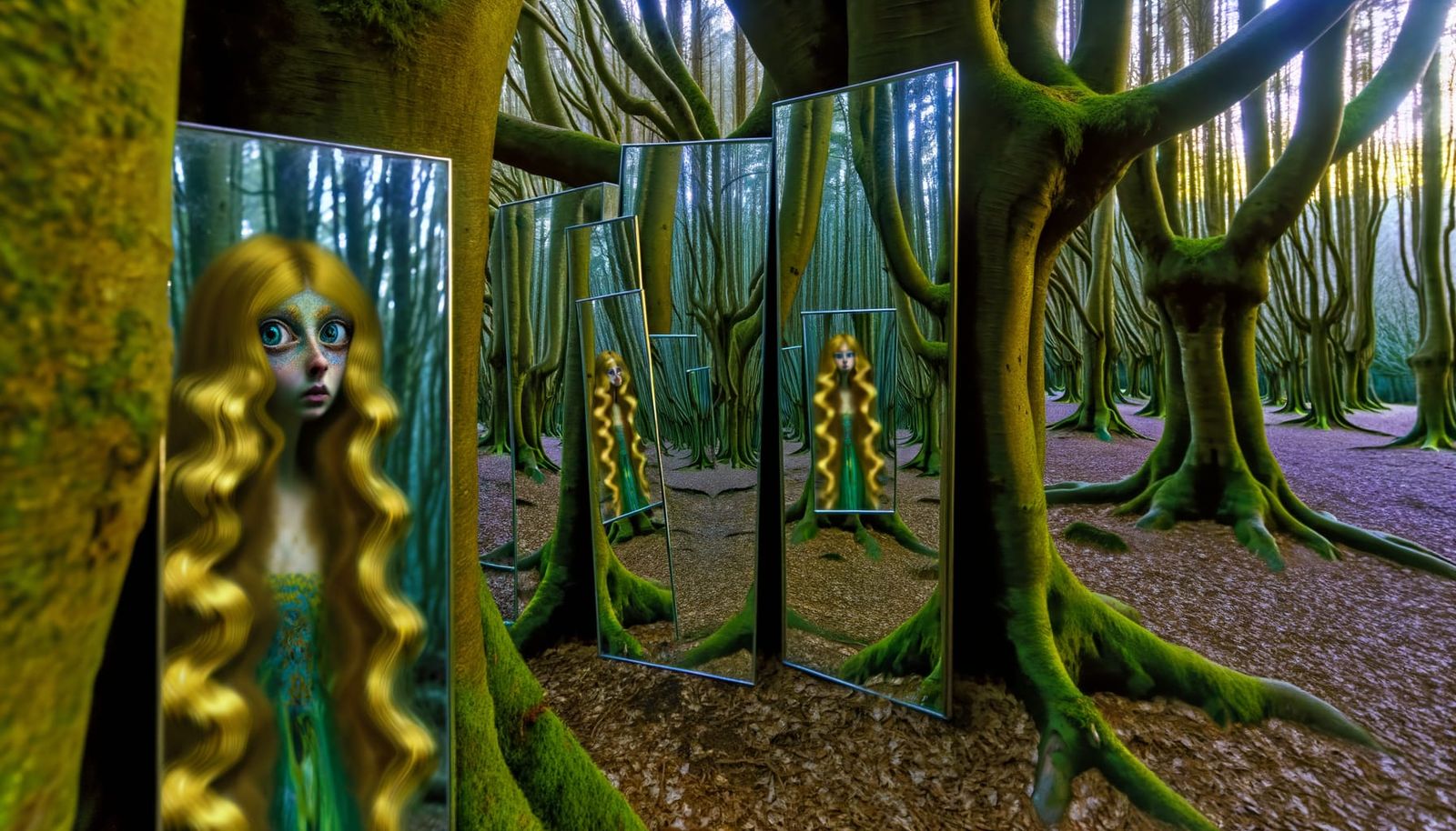 Ethereal Girl in Ancient Forest Mirrors