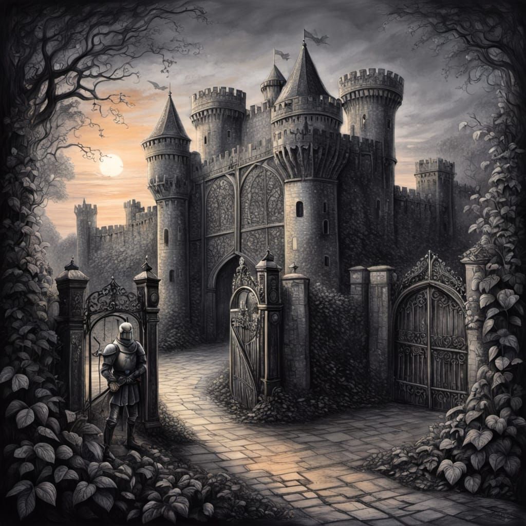 Knight in Ornate Armour Guards Twilight Castle Gate