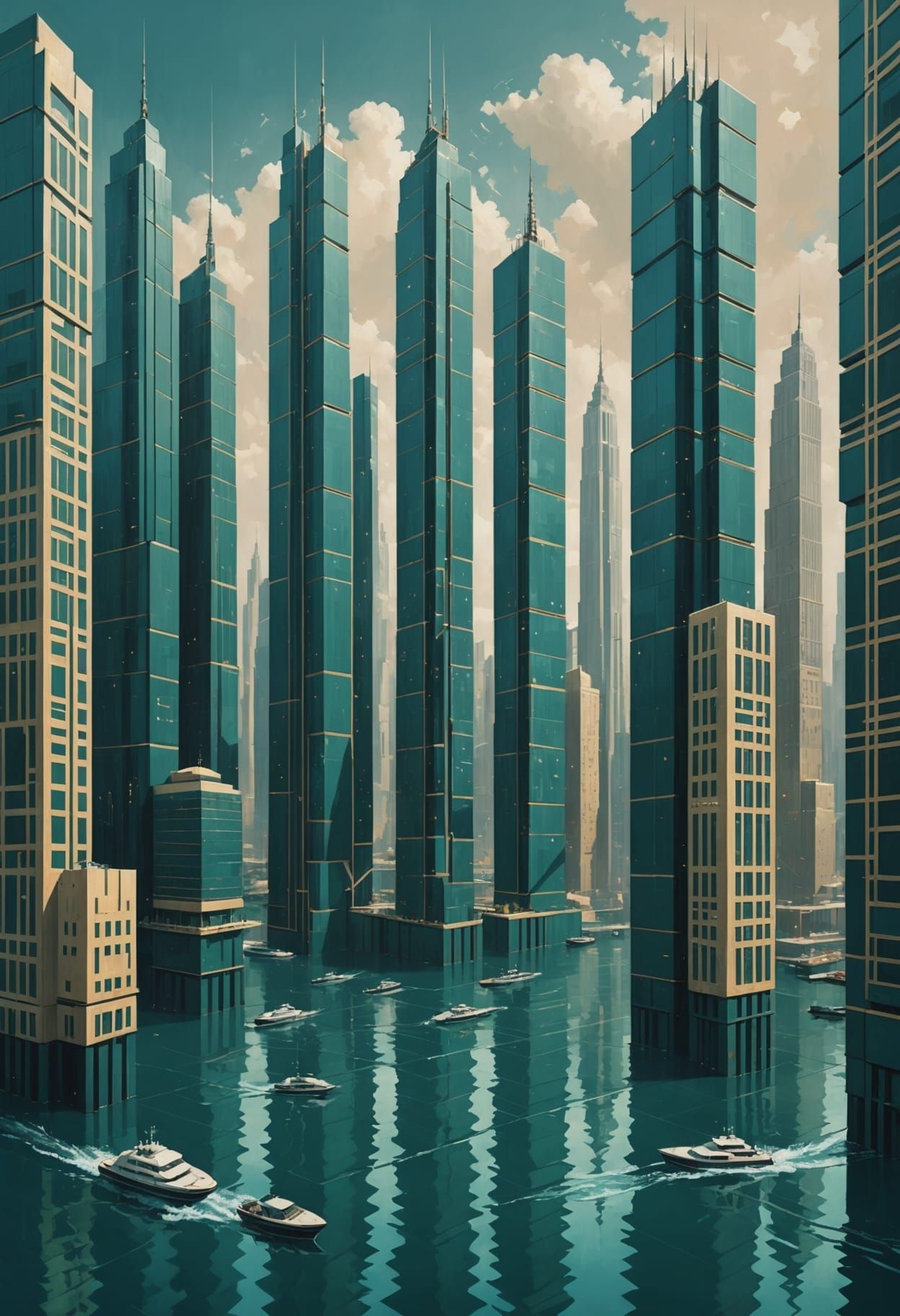 Futuristic Submerged Cityscape in Stylized Painting