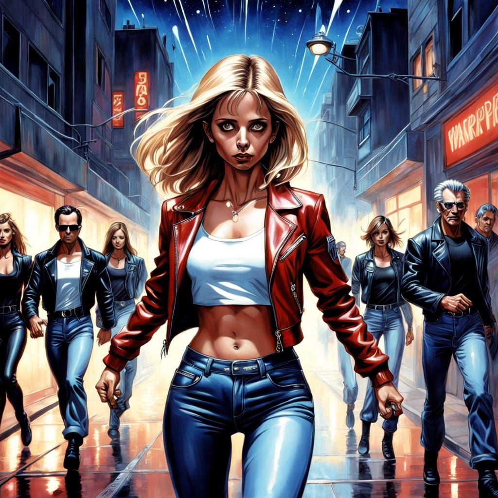 Retro-Futuristic Vampire Slayer in Oil Painting Style