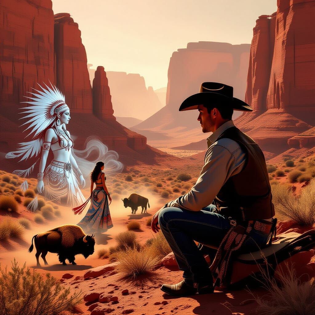 Surreal Western Landscape with Cowboy and Cowgirl