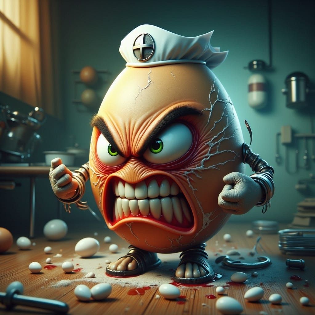 Angry Egg Nurse in Hyper-Maximalist Style
