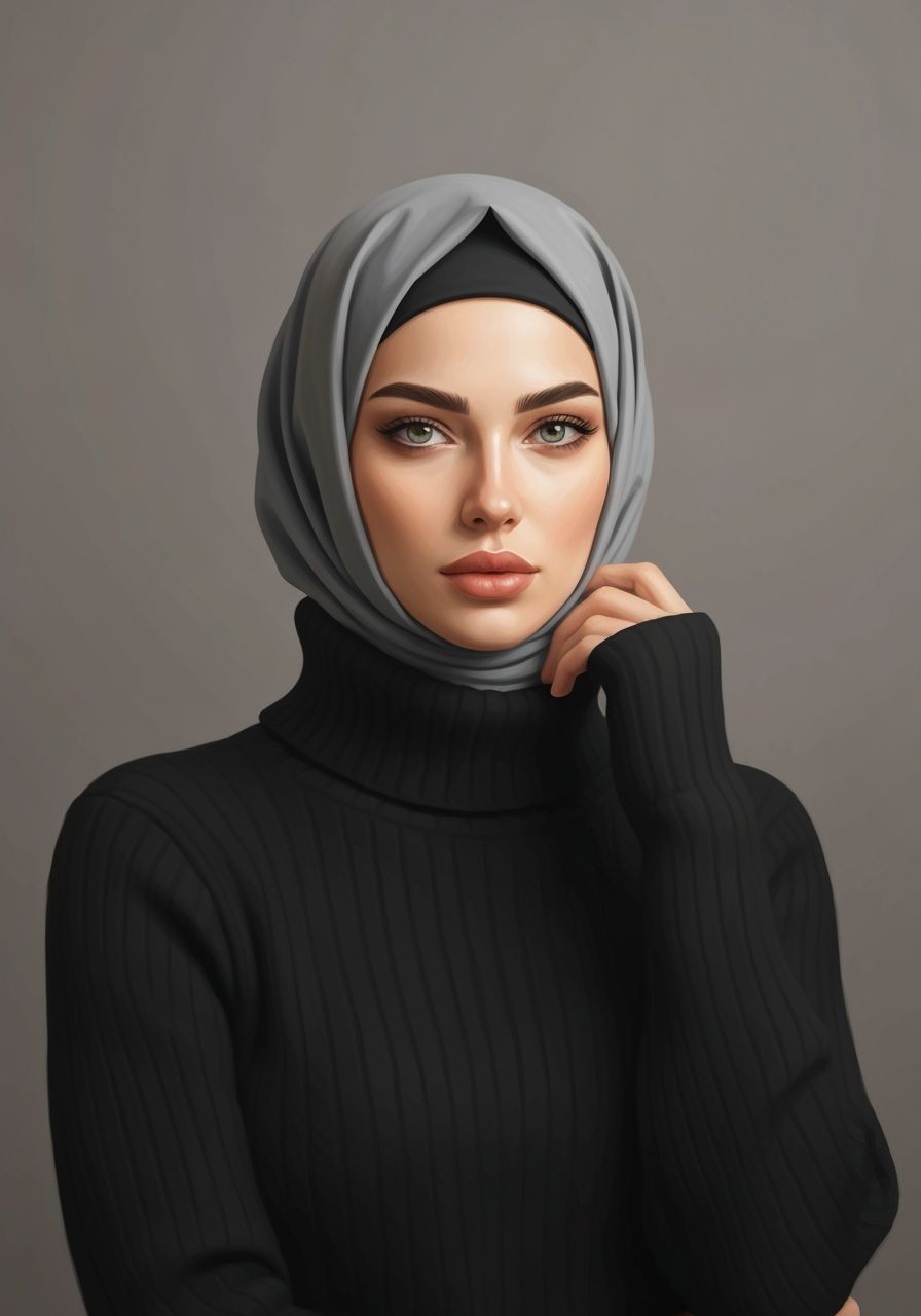 Ukrainian Woman in Grey Hijab: Semi-Realistic Portrait Paint...